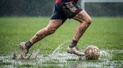 Intense rainy football match local field sports action photography wet environment close-up view passion and perseverance