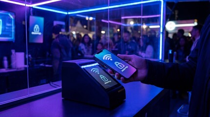 Contactless payment technology demonstration tech event digital payment urban environment close-up view innovation showcase