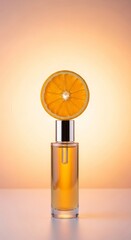 Perfume bottle with orange slice on top on a table