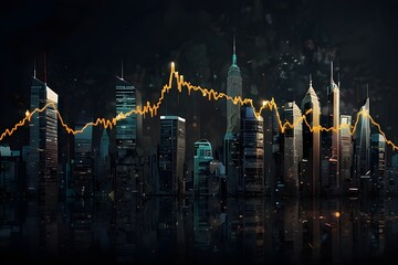 Economic crisis concept, double exposure city skyline and falling graph, dark background