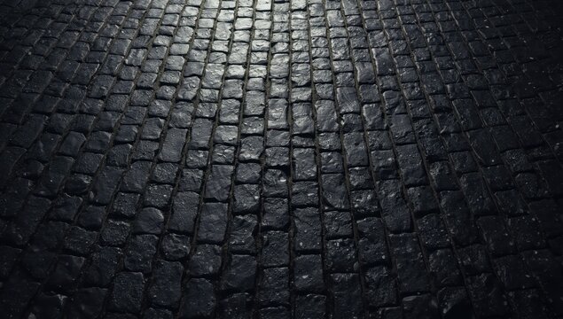 Textured black stone walkway, paved road
