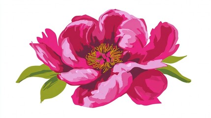 Obraz premium Beautiful Pink Peony Flower with Green Leaves Illustration.