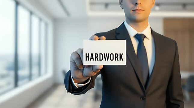 Smiling businessman in a sharp suit extends a small white card displaying the word hardwork directly towards the viewer in a brightly lit modern office setting