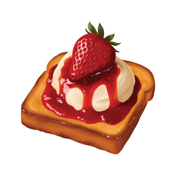 Strawberry Toast Dessert with Whipped Cream and Glossy Syrup Drip Isolated on White Background. Sweet breakfast and bakery concept ideal for menu design, advertising, packaging, cookbook illustration.