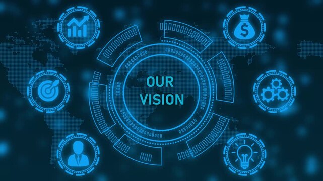 Digital graphic with the words Our Vision in the center surrounded by icons representing business concepts on a dark blue world map background