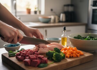 Close-up of hands slicing raw chicken breast on a wooden cutting board with diced beef broccoli and carrots in a sunlit kitchen