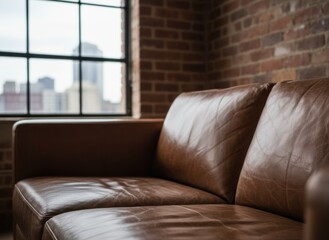 Comfortable Brown Leather Sofa in a Loft Apartment with Brick Wall and City View Through Window