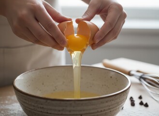 Close Up Of Person Cracking Fresh Organic Egg Into Ceramic Bowl Preparing For Baking With Whisk In Background