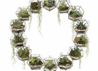Geometric Terrariums With Succulent Plants Arranged In A Circle Isolated On White Background Natural Greenery