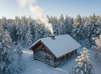 Cozy Snow Covered Log Cabin Nestled Within a Serene Winter Forest Under a Clear Blue Sky with Smoke Wisps from Chimney