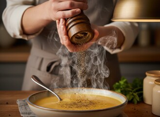 Chef seasoning rich yellow soup with freshly ground black pepper from wooden mill warm kitchen lighting herbs parsley garnish in bowl with spoon