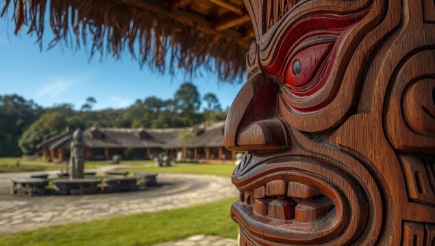 Traditional Māori wood carving at a marae in New Zealand. High-quality image