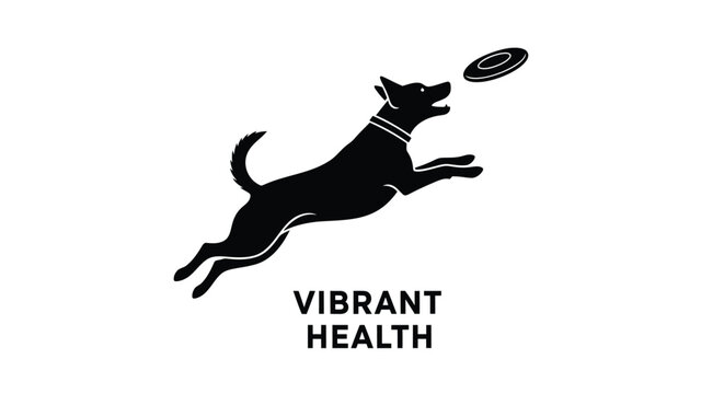 Black dog jumping for frisbee icon with Vibrant Health text
