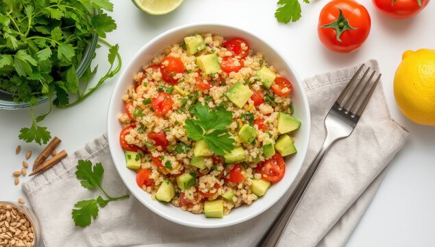 Top view of a quinoa salad featuring tomatoes, paprika, avocado, cucumbers, and parsley on a white table