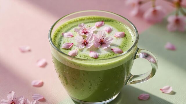 Refreshing matcha latte with delicate cherry blossom petals creating a seasonal spring beverage art