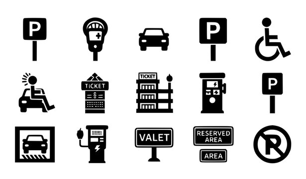 Parking Icons Set: Signs, Cars, EV Charger, Valet, Disabled, No Parking, Vector Illustration