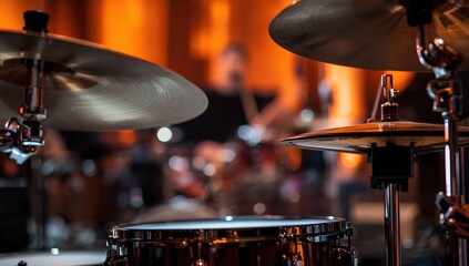 Naklejka premium A detailed view of a drum kit featuring cymbals and chimes in the front, against a blurred orange backdrop of a music performance