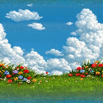 Seamless pattern of a spring meadow setting illustrated in pixel art and 16-bit retro game style with vivid blossoms and open sky