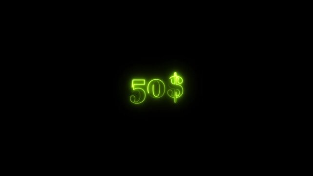 Yellow color Dollar symbol animation on black background. Glowing neon dollar logo icon animated. Neon fifty dollar sign.