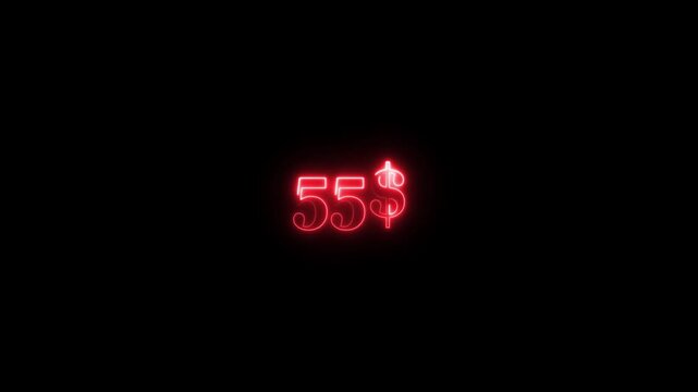 Glowing neon dollar logo icon animated. Neon fifty five dollar sign. 4k video