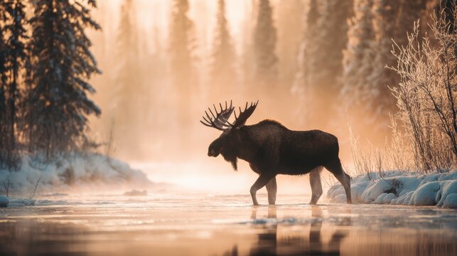 Spring snow ice thaw, end of Winter Season, hope, fresh start. A majestic bull moose standing in a frozen lake surrounded by snowcovered trees, illuminated by the golden light of the setting sun.