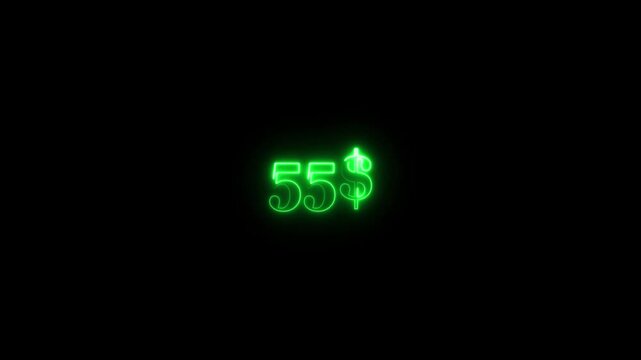Dollar symbol animation on black background. Glowing neon dollar logo icon animated. Neon fifty five dollar sign. 4k video