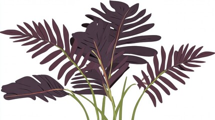 Fototapeta premium Illustration of dark purple leaves on green stems against a white background.