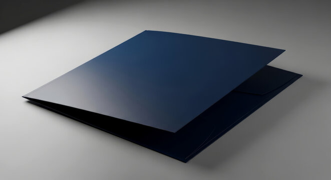 Dark blue presentation folder mockup lays open on a softly lit neutral surface showcasing a professional document cover design.