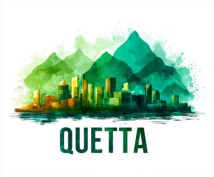 &ldquo;QUETTA&rdquo; anchors a vibrant watercolor skyline of green mountains and cityscape lively and scenic. The art celebrates Pakistani heritage, nature, and urban pride.