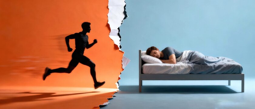 Contrasting lifestyles of an active runner and a sleeping person in modern bedroom with torn wall  active versus passive