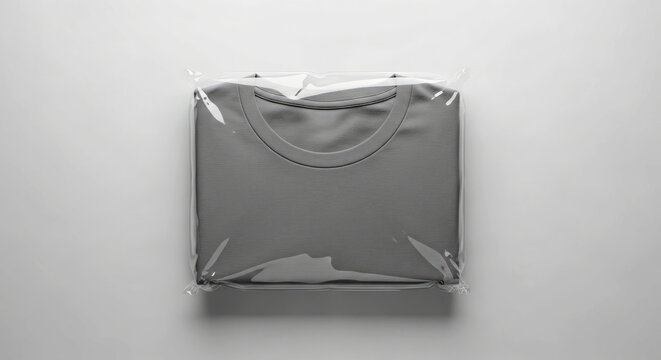 Folded gray t-shirt neatly sealed inside a transparent plastic poly bag mockup presented on a stark white, minimalist background for branding.
