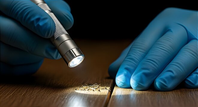 Pest control professional in gloves spraying insecticide on a cockroach in a house. Concept of domestic hygiene, insect extermination service, sanitation, and household pest management.