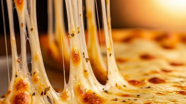 Close-up of a delicious cheese pizza with gooey cheese stretching, warm lighting in background