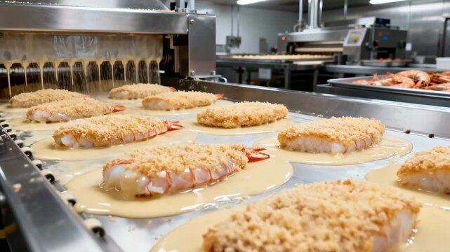 Medium shot of breaded seafood cutlets being precisely battered and encrusted with bread crumbs highlighting uniform texture and industrial food preparation processes.