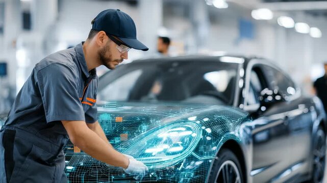 A skilled mechanic inspects a car using augmented reality diagnostics in a high tech workshop. The image highlights innovation and the integration of digital tools in automotive repair