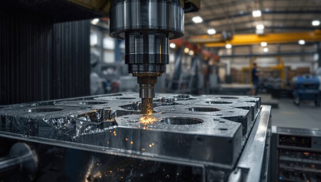 CNC mill shapes mold components using oil cooling; industrial mold fabrication occurs through CNC machining. EDM erosion technology and conventional machines are utilized for production
