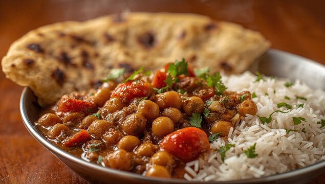 Chickpea curry, often with tomatoes and cumin, served with laccha paratha, roti, or rice