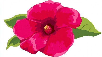 Fototapeta premium Vibrant Pink Flower with Green Leaves Illustration.