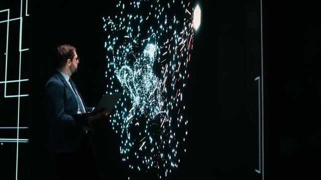 Researcher optimizes AI deep learning model by adjusting parameters using AR technology. Tech startup software developer projecting neural network architecture to modify datasets