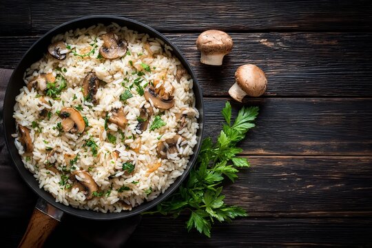 Photo of a blouse on a dark wood table, overhead view of fried mushrooms and rice with parmesan in a black pan, a gray cloth napkin beside the plate, a dark gray background.
