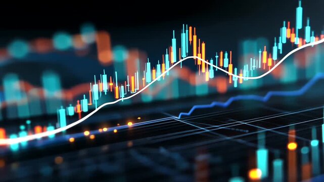 Vibrant digital candlestick and line financial chart showing market trends