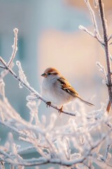 Spring snow ice thaw, end of Winter Season, hope, fresh start. A small sparrow perched atop a snowcovered tree branch, its white, brown, and black feathers contrasting against the frosty backdrop.