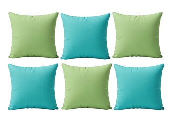 Six square throw pillows in green and blue hues arranged in two rows against isolated on transparent background