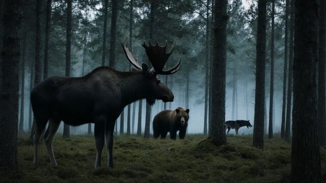 Moose, bear and wolf stand in a misty pine forest at dawn, creating a dramatic northern wildlife scene with fog, tall trees and a remote wilderness atmosphere