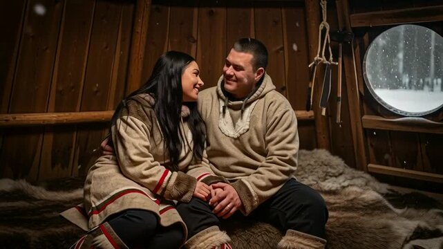 Romantic Couple in Traditional Sami Clothing by a Fire Inside a Lavvu Tent.