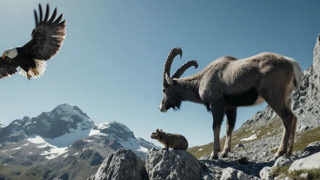 Majestic alpine ibex on rocky mountain slope with eagle in flight and marmot below. Snow covered peaks under a clear blue sky in a rugged high altitude wildlife habitat