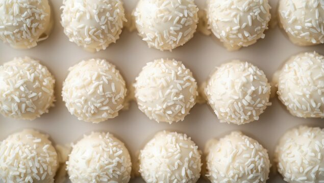 Coconut and white chocolate round candies made at home. A tasty, healthy dessert. Raffaello. Focused from above