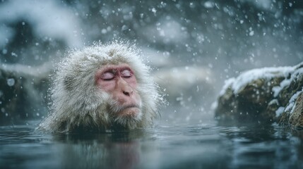 Obraz premium Geothermal hot springs resort, spa, bath pool, relaxation vacation theme. A Japanese macaque in a hot spring, its white fur contrasting against the cool blue water.