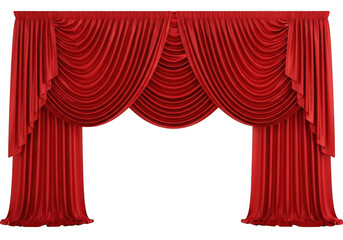 A red curtain with a draped valance and gathered folds. isolated on transparent background