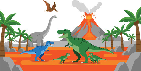 Dinosaur Prehistoric Landscape Vector Illustration with T Rex, Brachiosaurus, Pterodactyl and Erupting Volcano in Jurassic Scene © MstRozinaAkter